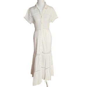 MENTI Women White Cotton Gauze Eyelet Lace Tiered Maxi Button Down Dress S/M